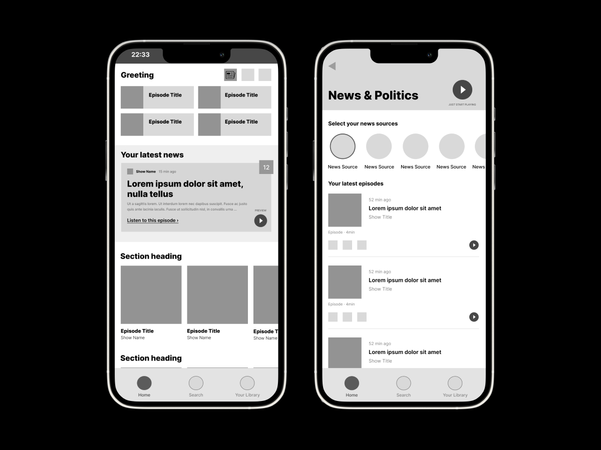 Home and news page wireframes