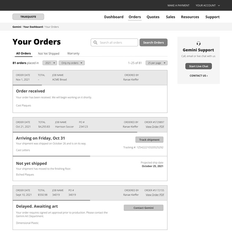 Orders wireframe