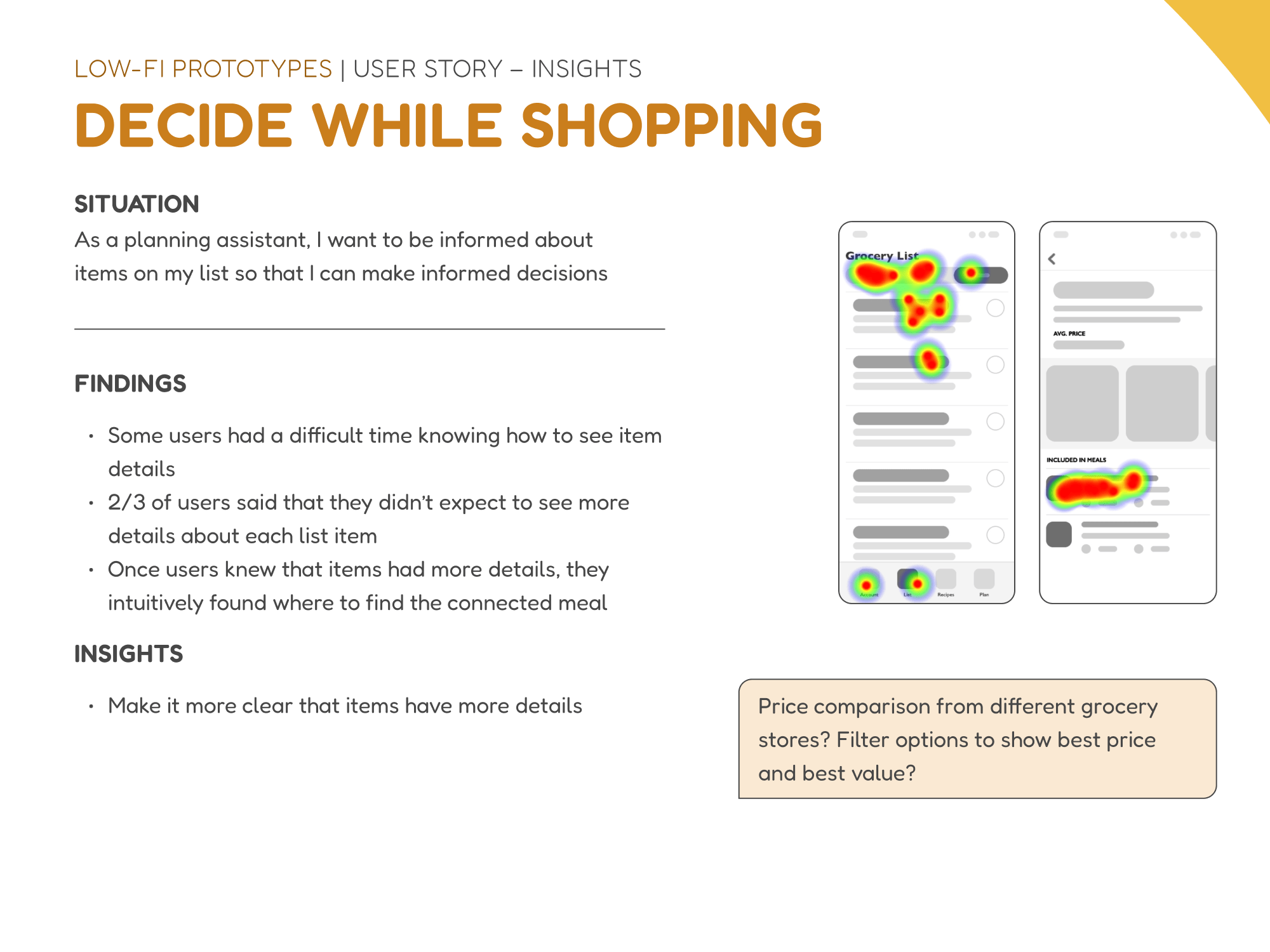 Insights for the planning assistant deciding while shopping. Some users had a difficult time knowing how to see more details about items on the list.
