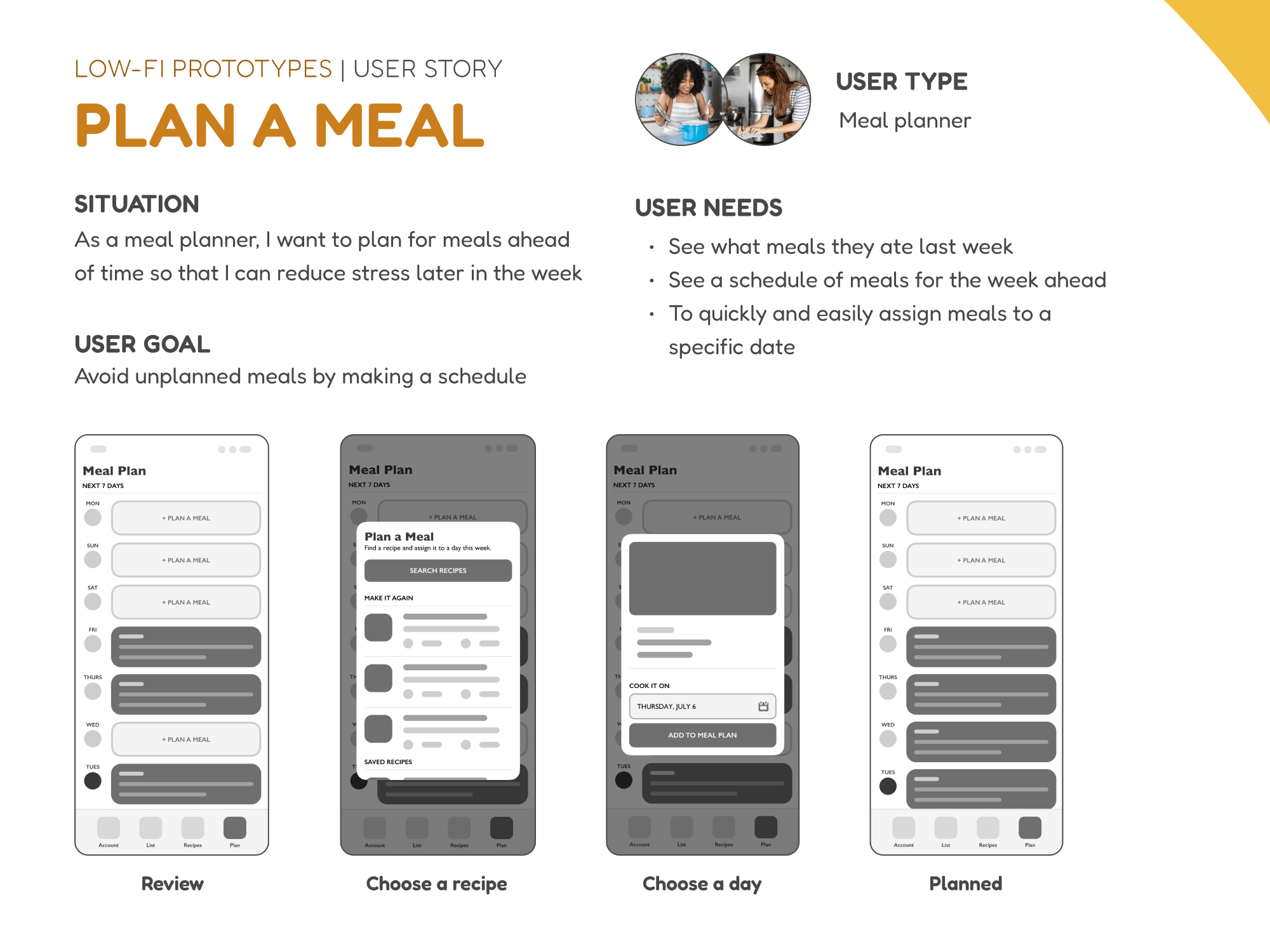 A user story for the meal planner to plan a meal. The situation is that meal planners want to plan meals ahead of time so that they can reduce stress later in the week.