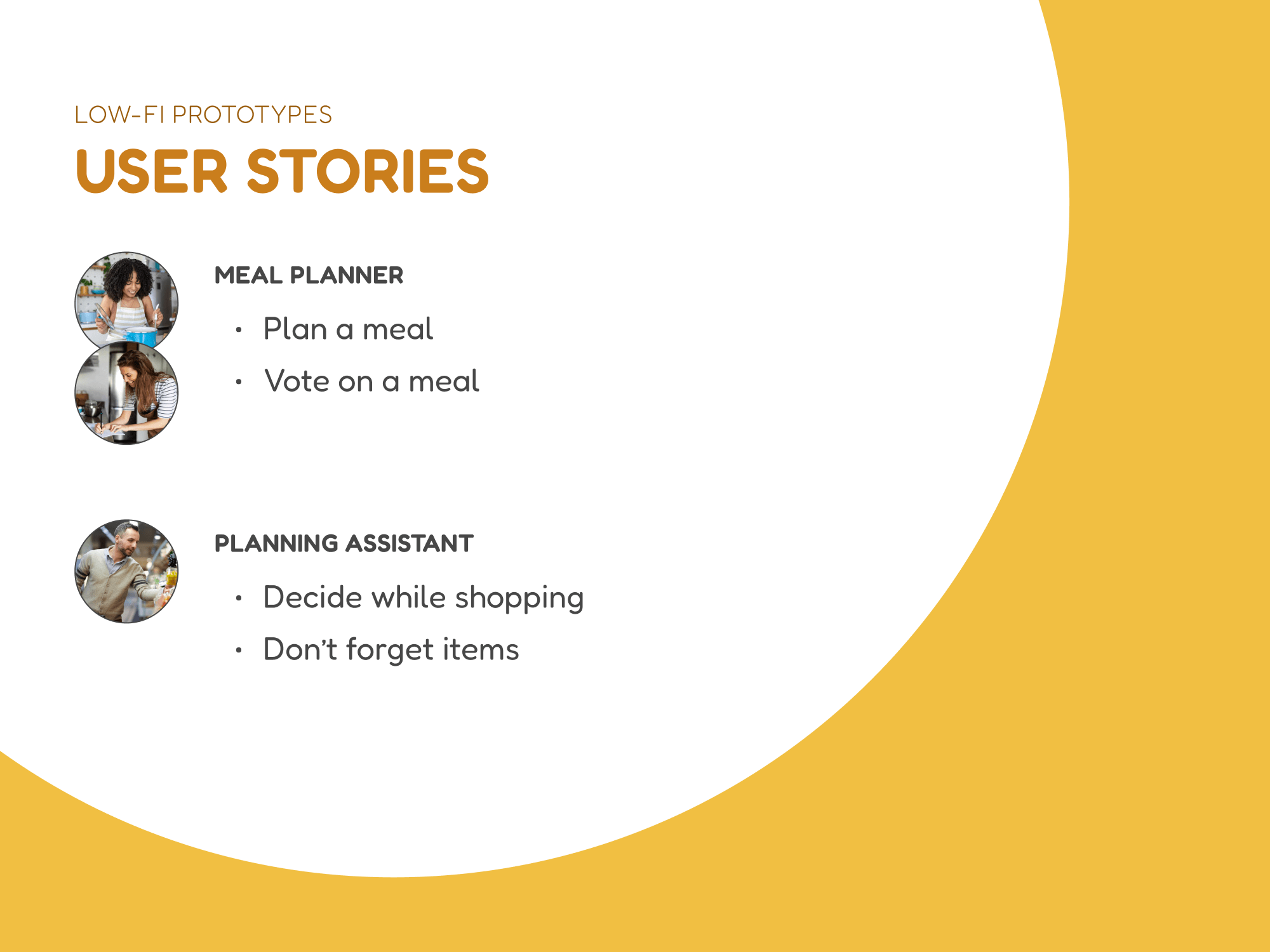 User stories for meal planner and planning assistant. Meal planner's stories are to plan a meal and vote on a meal. The planning assistant's stories are the decide on items while shopping and to not forget items.