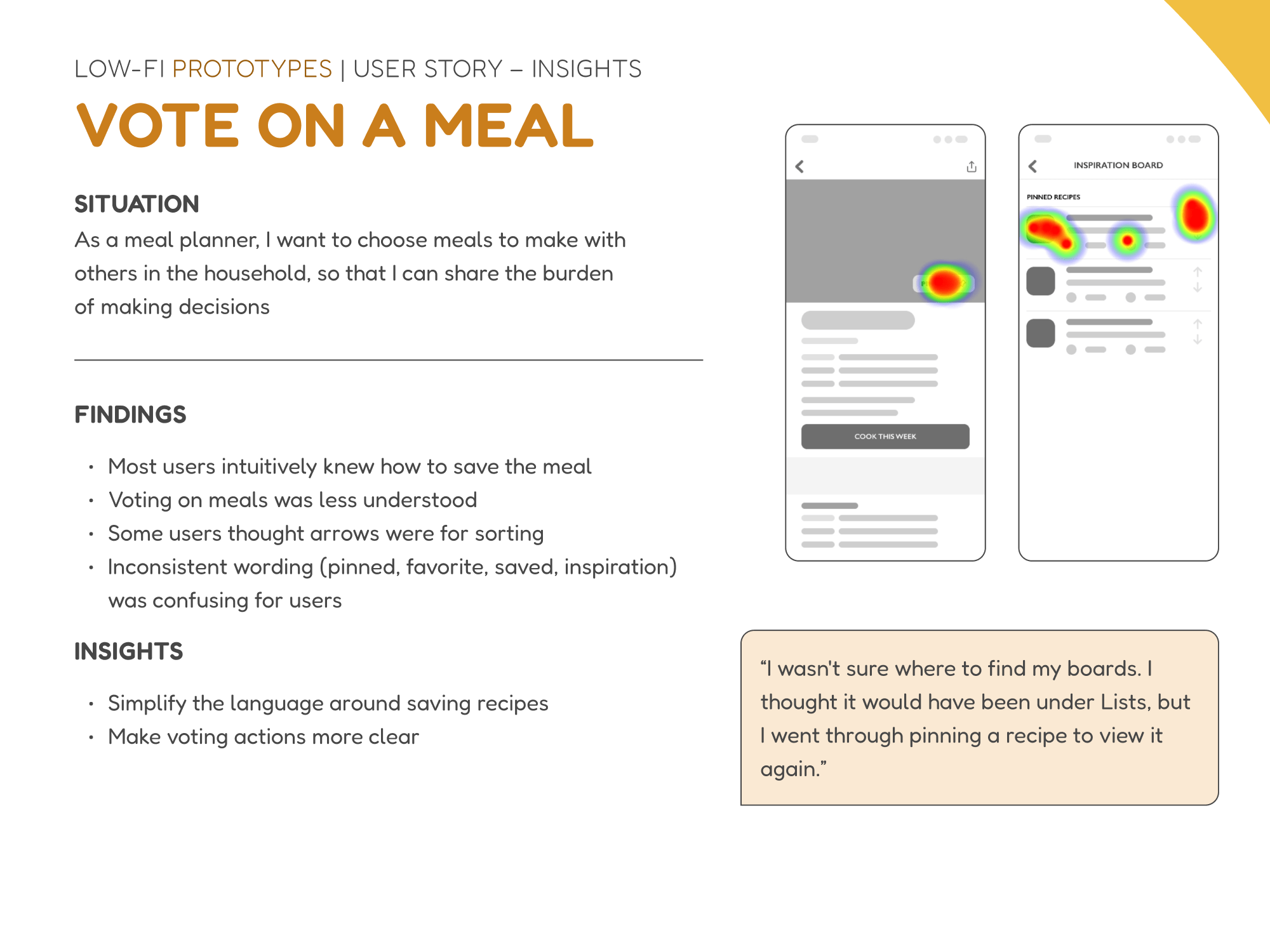 Insights for the meal planner to vote on a meal. Users didn't understand the inconsistent terminology.