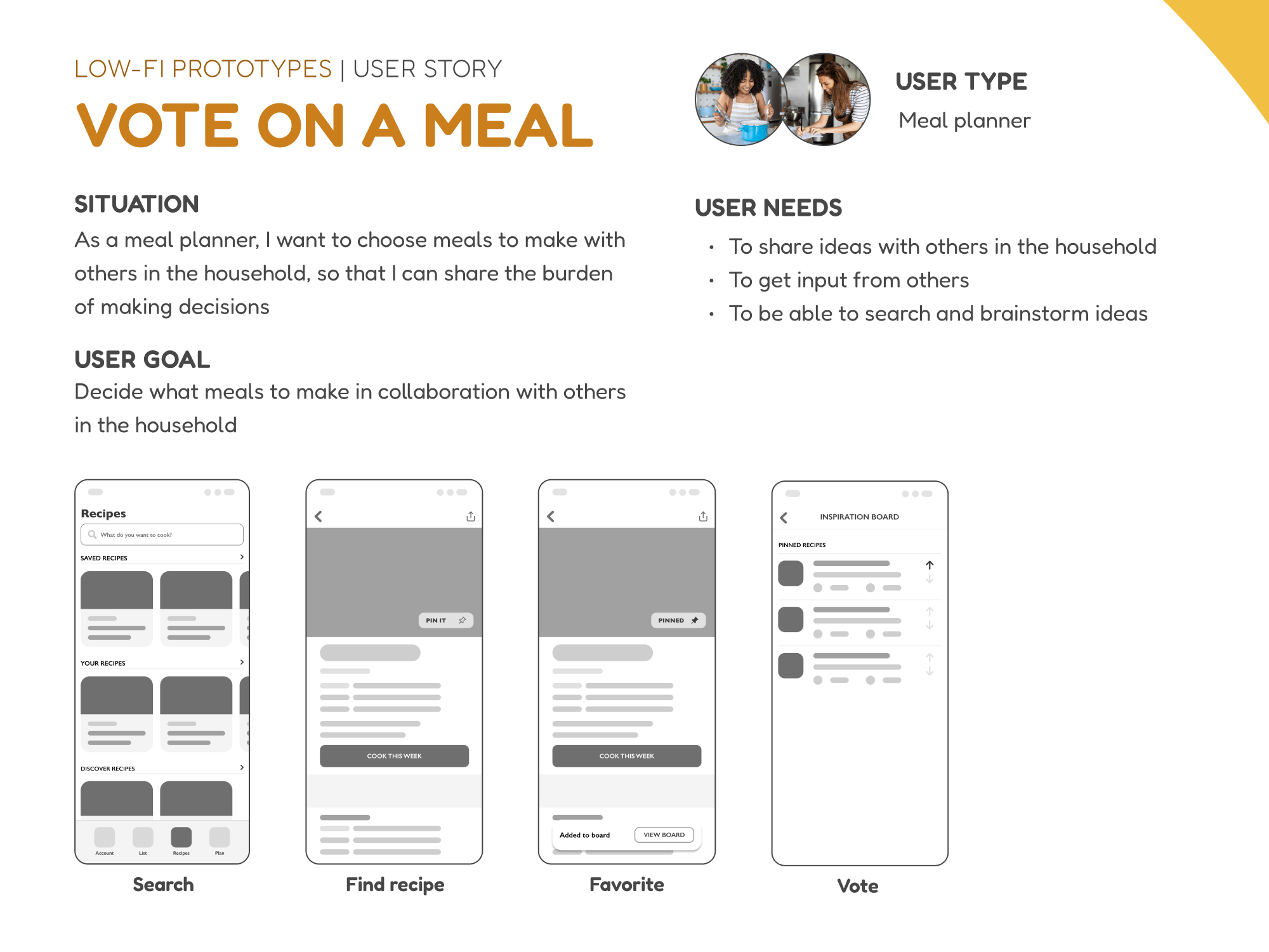 A user story for the meal planner to vote on a meal. The situation is that the meal planner wants input from others in the household so that they can share the burden of making decisions.